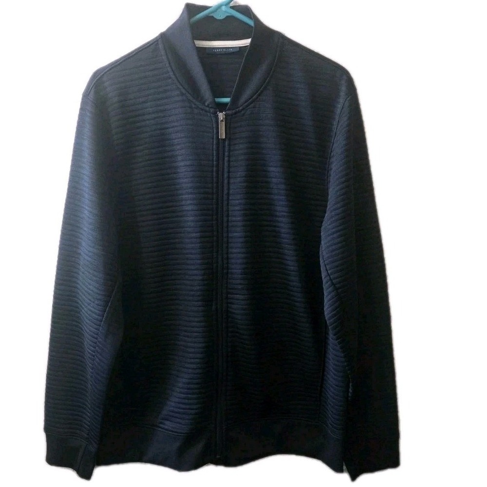 Perry Ellis Men's Full Zip Jacket Navy Textured Bomber Style Size L Polyester...